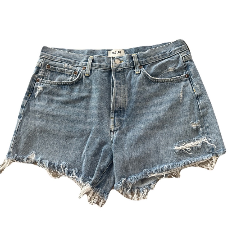 AGOLDE Light Blue Distressed High-Rise Jean Shorts
